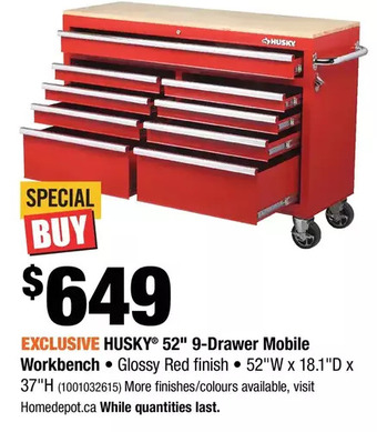 Home Depot Husky 52" 9-drawer mobile workbench offer