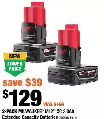 Home Depot 2-pack milwaukee m12 xc 3.0ah extended capacity batteries offer