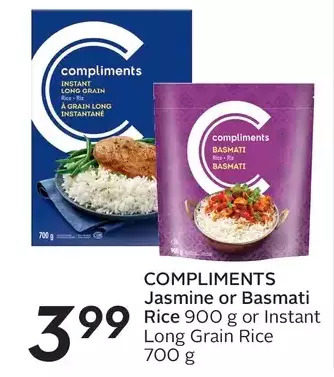 Sobeys Compliments jasmine or basmati rice or instant long grain rice offer