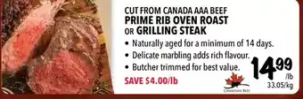 Farm Boy Prime rib oven roast or grilling steak offer