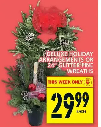Food Basics Deluxe holiday arrangements or 24" glitter pine wreaths offer