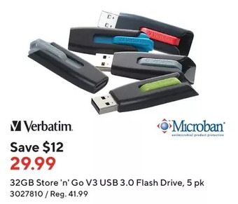 Staples Verbatim 32gb store 'n' go v3 usb 3.0 flash drive offer