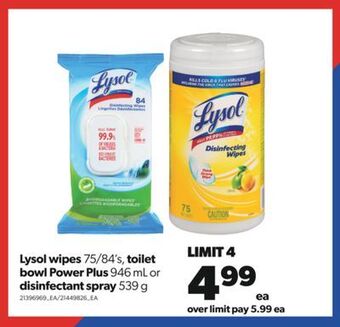 Real Canadian Superstore Lysol wipes, 75/84's, toilet bowl power plus, 946 ml or disinfectant spray, 539 g offer