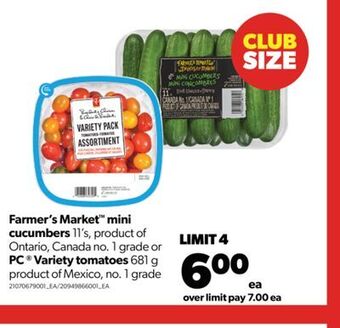 Real Canadian Superstore Farmer's market™ mini cucumbers 11's, or pc ® variety tomatoes, 681 g offer