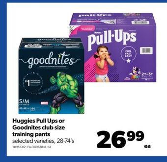 Real Canadian Superstore Huggies pull ups or goodnites club size training pants, 28-74's offer