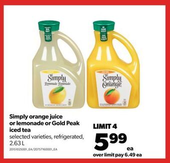 Real Canadian Superstore Simply orange juice or lemonade or gold peak iced tea, 2.63 l offer