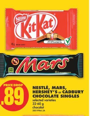 No Frills Nestlé, mars, hershey's or cadbury chocolate singles, 32-60 g offer