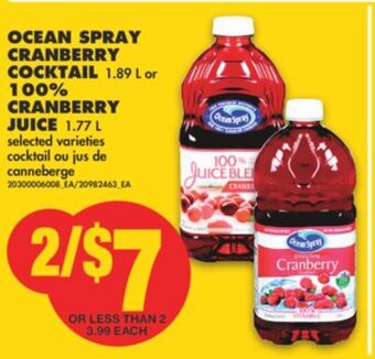 No Frills Ocean spray cranberry cocktail, 1.89 l or 100% cranberry juice, 1.77 l offer