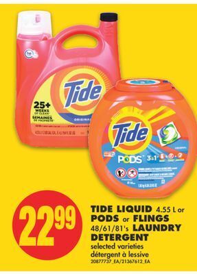 No Frills Tide liquid, 4.55 l or pods or flings, 48/61/81's laundry detergent offer