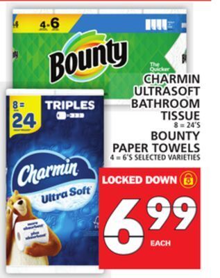 Food Basics Charmin ultrasoft bathroom tissue or bounty paper towels offer