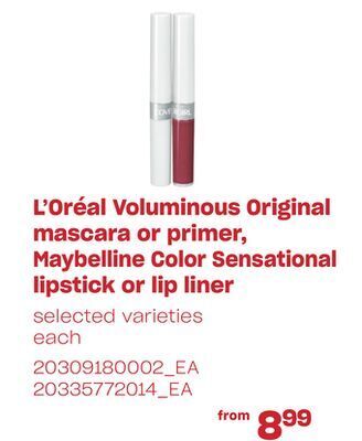 Loblaws L'oréal voluminous original mascara or primer, maybelline color sensational lipstick or lip liner offer