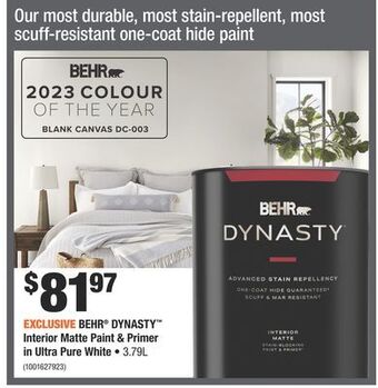 Home Depot Behr® dynasty™ interior matte paint & primer in ultra pure white offer