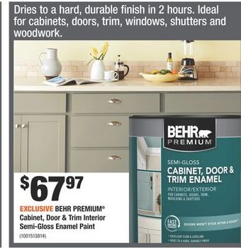 Home Depot Behr premium® cabinet, door & trim interior semi-gloss enamel paint offer