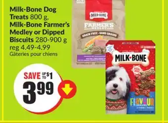 FreshCo Milk-bone dog treats 800 g, milk-bone farmer's medley or dipped biscuits 280-900 g offer