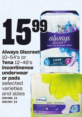 Zehrs Markets Always discreet, 10-54's or tena, 12-48's incontinence underwear or pads offer