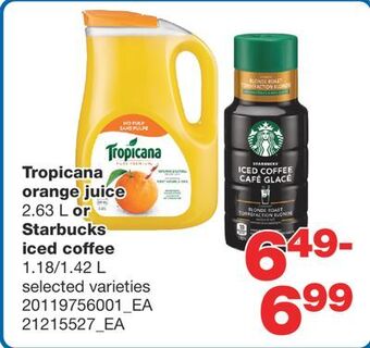 Wholesale Club Tropicana orange juice, 2.63 l or starbucks iced coffee, 1.18/1.42 l offer