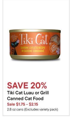 Petvalu Tiki cat luau or grill canned cat food offer
