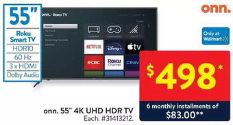 Walmart Onn. 55" 4k uhd hdr tv offer