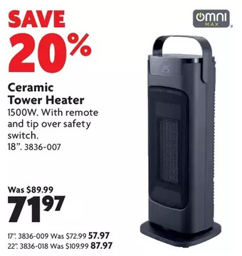 Home Hardware Ceramic tower heater: 17" | 18" | 22" offer