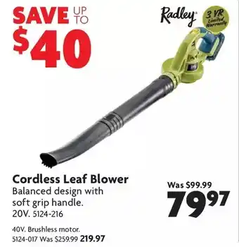 Home Hardware Cordless leaf blower: 20v | 40v brushless motor offer
