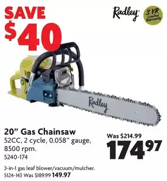 Home Hardware 20" gas chainsaw | 3-in-1 gas leaf blower/vacuum/mulcher offer