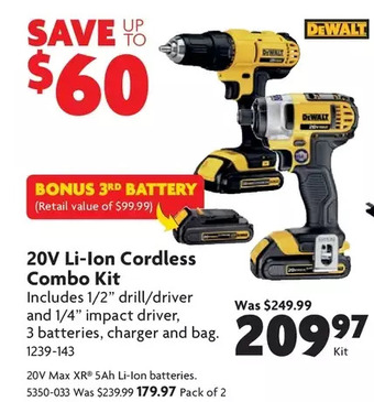 Home Hardware 20v li-ion cordless combo kit + bonus 3rd battery | 20v max xr 5ah li-ion batteries offer