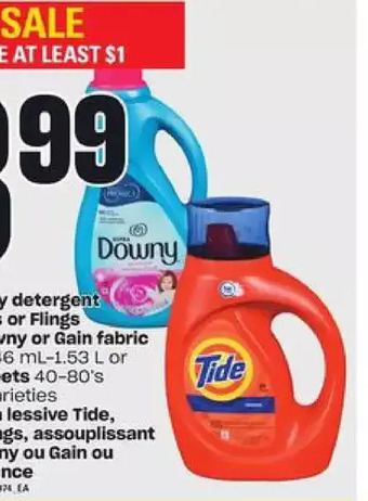 Independent Grocer Tide laundry detergent, pods or flings, downy or gain fabric softener or bounce sheets offer