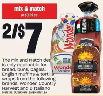Loblaws Wonder, country harvest and d'italiano bread, buns, bagels, english muffins & tortilla wraps offer
