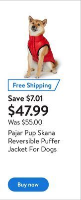 Walmart Pajar pup skana reversible puffer jacket for dogs offer