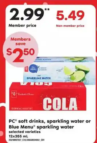 Zehrs Markets Pc soft drinks, sparkling water or blue menu sparkling water offer