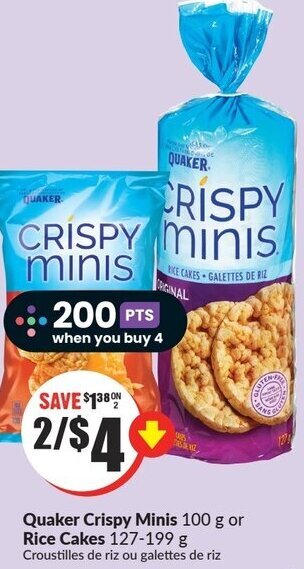 FreshCo Quaker Crispy Minis 100g or Rice Cakes 127-199g offer