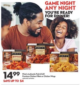 Longo's Pinty's authentic pub & grill premium chicken fillets or chicken wings offer