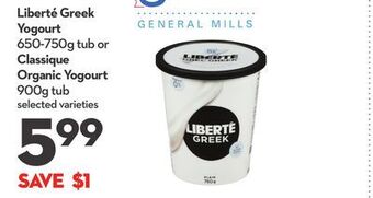 Longo's Liberté greek yogourt 650-750g tub or classique organic yogourt 900g tub offer