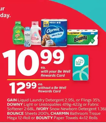 Rexall Gain liquid laundry detergent or flings, downy light or unstopables or fabric softener, ivory snow newborn detergent, bounce offer