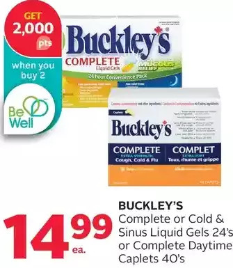 Rexall Buckley's complete or cold & sinus liquid gels or complete daytime caplets offer
