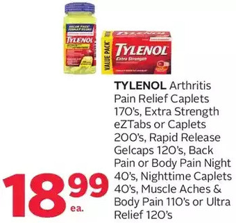 Rexall Tylenol arthritis pain relief caplets, extra strength eztabs or caplets, rapid release gelcaps, back pain or body pain night, offer