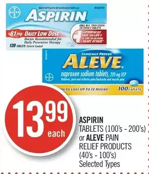 Shoppers Drug Mart Aspirin tablets or aleve pain relief products offer