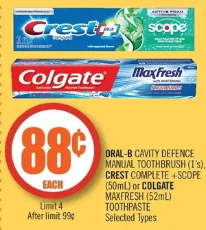 Shoppers Drug Mart Oral-b cavity defence manual toothbrush, crest complete+scope or colgate maxfresh toothpaste offer