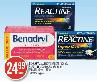 Shoppers Drug Mart Benadryl allergy caplets | reactine liquid gels or tablets offer