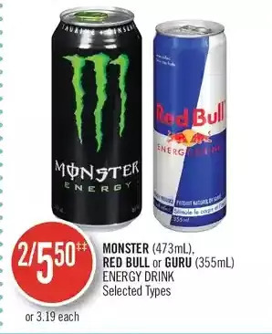 Shoppers Drug Mart Monster, red bull or guru energy drink offer