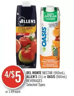 Shoppers Drug Mart Del monte nectar, allen's or oasis beverages offer