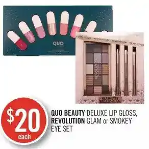 Shoppers Drug Mart Quo beauty deluxe lip gloss, revolution glam or smokey eye set offer