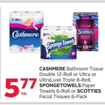 Rexall Cashmere bathroom tissue double 12-roll or ultra or ultraluxe triple 8-roll, spongetowels paper towels 6-roll or scotties fac offer