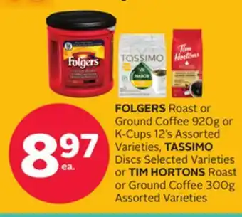 Rexall Folgers roast or ground coffee 920g or k-cups 12's, tassimo discs selected varieties or tim hortons roast or ground coffee 30 offer