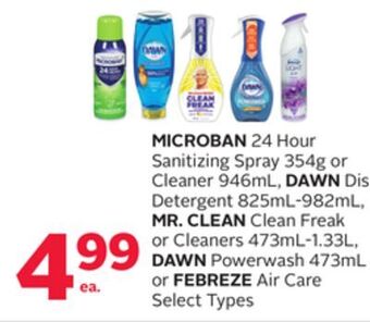 Rexall Microban 24 hour sanitizing spray 354g or cleaner 946ml, dawn dish detergent 825ml-982ml, mr. clean clean freak or cleaners 4 offer