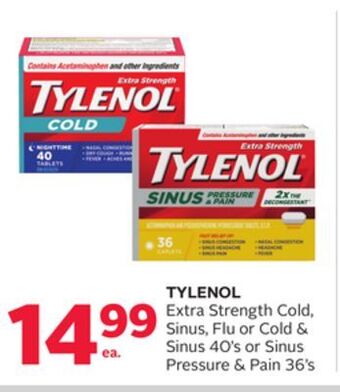 Rexall Tylenol extra strength cold, sinus, flu or cold & sinus 40's or sinus pressure & pain 36's offer