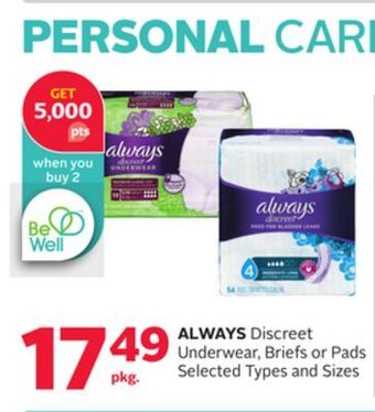 Rexall Always discreet underwear, briefs or pads offer