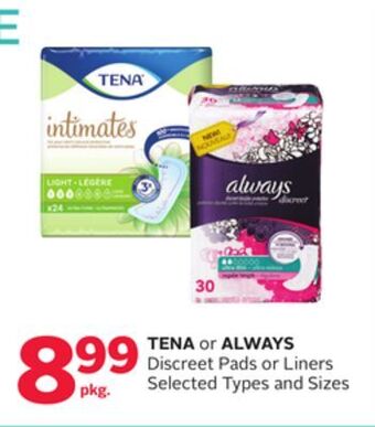 Rexall Tena or always discreet pads or liners offer