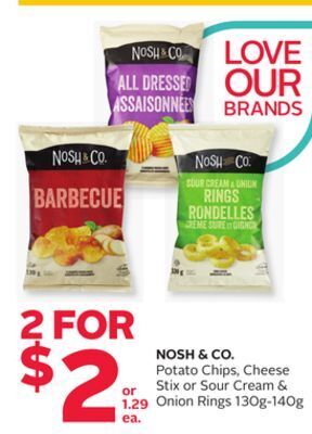 Rexall Nosh & co. potato chips, cheese stix or sour cream & onion rings offer