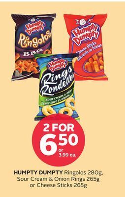 Rexall Humpty dumpty ringolos 280g, sour cream & onion rings 265g or cheese sticks 265g offer